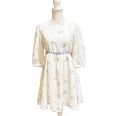 【新品】LODISPOTTO ロディスポット 花柄 フレアワンピース M 2 オフホワイト リボン 7分袖