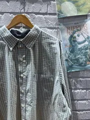 古着　大きいサイズ　長袖シャツ　チェックシャツ　グレー　ワンポイント　春