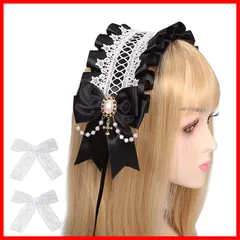 サムコス ロリータ リボン チャーム ロリータ ヘッドドレス ロリータ 髪飾り カチューシャ レース 蝶結び 萌え キュート かわいい コスプレ lolita メイドカフェ (黒)