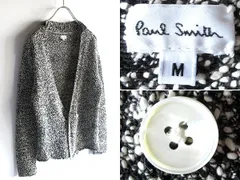 Paul Smith ポールスミス メインライン ラムレザー切替 ゴマ塩 コットンニット カーディガン ニットジャケット M ブラック ホワイト 黒 白
