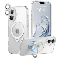 iPhone 16 用 ケース【極限の透明感と保護力】 4in1 カメラ保護一体/MagSafe対応/360度回転スタンド/ストラップホール穴付き 縦横両対応 黄ばみ防止 ワイヤレス充電対応 耐衝撃 カメラフィルム マグネット搭載車載ホルダー対応 マグセーフe