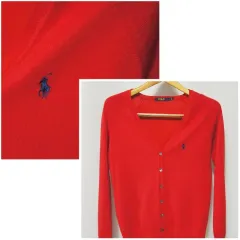 POLO RALPH LAUREN (ポロラルフローレン) レッド Vネック ニット カーディガン レディース Sサイズ