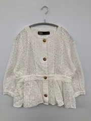 ZARA シャツ/ブラウス USA L ホワイト コットン レース 刺繍 ミドル丈 半端袖 ノーカラー