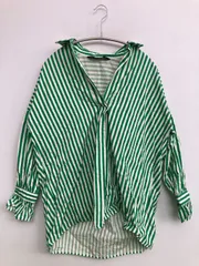 ZARA BASIC シャツ/ブラウス USA XS グリーン コットン ストライプ柄 ロング丈 長袖 レギュラーカラー