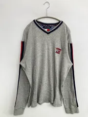 TOMMY JEANS Tシャツ/カットソー L グレー ブランドロゴ 刺繍 ライン柄 ミドル丈 長袖 Vネック