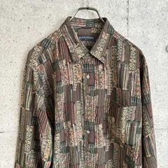【USED】 ボスピアーズ 総柄シャツ LL 幾何学模様 アースカラー 緑 茶 長袖 シャツ ビッグシルエット オーバーサイズ 古着 レトロ モダン 00s 90s 個性的 メンズ BOTH PIERS メンズ 総柄 ボタンダウン