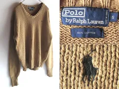希少 90sビンテージ Polo by Ralph Lauren ラルフローレン ポロポニーロゴ刺繍 Vネック コットンニット セーター S キャメルベージュ RN41381