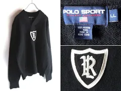 希少 90sビンテージ POLO SPORT RALPH LAUREN ポロスポーツ ラルフローレン レザーロゴ ウール Vネックニット セーター LL 黒 ブラック