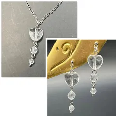 2点セット 天然石 水晶 クリスタルハートゆらゆらピアスとシンプルネックレス 316lサージカルステンレス fr1310