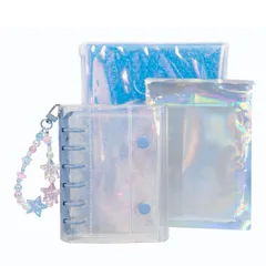 シール帳 a7｜オリジナル 透明マットシール専用台紙 a7 10枚＋リフィル 10枚｜シール帳 透明 シールバインダー 6穴 ラメクリア×選べるOリング4色×星チャーム付 シール帳 女の子（推し活・手帳・文房具・学用品） (ミストブルー)