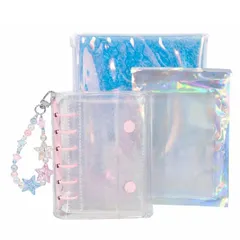 シール帳 a7｜オリジナル 透明マットシール専用台紙 a7 10枚＋リフィル 10枚｜シール帳 透明 シールバインダー 6穴 ラメクリア×選べるOリング4色×星チャーム付 シール帳 女の子（推し活・手帳・文房具・学用品） (サクラピンク)