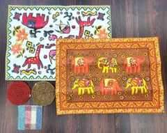 インド綿ランチョンマット2枚＆コースター3枚セット｜ビーズ＆布｜カラフルテーブルコーデ C