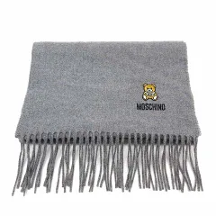 モスキーノ MOSCHINO テディベア パッチ メリノウール マフラー フリンジ グレー イタリア製のサムネイル