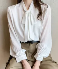 【日本倉庫即納】リボンタイブラウスプリーツシャツ 長袖