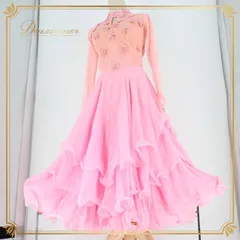 社交ダンス 衣装 スタンダード ドレス ワンピース lovely dancing パーティドレス ステージ衣装 ピンク系 花柄 レース 長袖 派手 ボリューム おしゃれ 上品 洗練 ショー ワルツ デモ ステージ パーティ フォーマル 高品質 軽量 伸縮性
