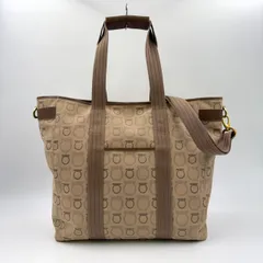 Salvatore Ferragamo ガンチーニ総柄 2WAYショルダー レザー×キャンバス ベージュ トートバッグ ゴールド