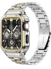 ★MioHHR ステンレススティール製バンド、ケース互換性 Apple Watch Bands 45mm,金属製保護バンパーカバー付き頑丈なストラップ iWatch シリーズ 9/8/7 男性用. (銀金)