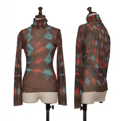 ジャンポールゴルチエ ファムJean Paul GAULTIER FEMME アーガイルニット転写プリントパワーネットタートルネックカットソー 水色茶赤40