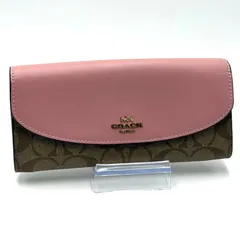 コーチ COACH シグネチャー 長財布 お札入れ L字ファスナー レディース ピンク ベージュ レザー ゴールド金具