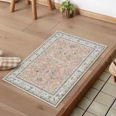 【数量限定】防音 すべり止め 耐磨耗性 ラグマット 長方形 屋外 洗える 泥落とし おしゃれ ラグ シェニール 小さい オールシーズン適用 ペルシャ絨毯風 抗菌防臭 50х80cm 室内 花柄 玄関マット コーラルピンク HAOCOOのサムネイル