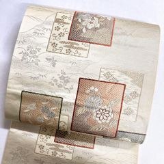 袋帯 膨れ織り 菊花 唐草 銀糸 白地 アイボリー 着物 051tz - メルカリ