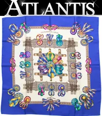 エルメス HERMES カレ90 大判スカーフ LES RUBANS DU CHEVAL 馬のリボン飾り シルク100％ 青系 【73233】