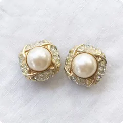 フランスヴィンテージ イヤリング | フェイクパール スクエア型 ラインストーン| 1900年代後半