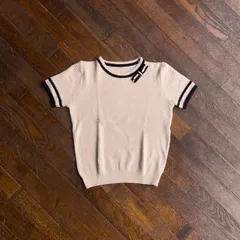 フレンチガーリー 2010s ワッフルニット 半袖ニット 黒リボン 配色ライン 襟付きニット コケット系