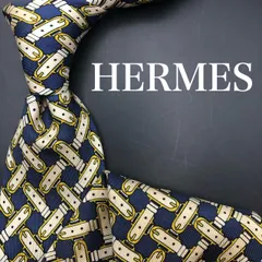 【大特価】HERMESエルメス ネクタイ ネイビー 紺 イエロー ベルト 総柄