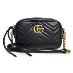 グッチ 448065 GGマーモント ミニ カメラバッグ シェブロンレザー ブラック チェーンショルダーバッグ 斜め掛け アンティークゴールド金具 GUCCI（美品）