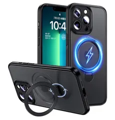 Magic John 対応いphone13 pro 用 ケース 半透明 商務 スタンド付き 隠し収納 滑り止め 耐衝撃 カメラ保護 TPU製フレーム ズレにくい ホコリ付きにくい ブラック