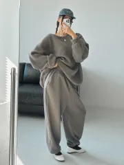 麦わらセット 起毛 新作 オーバーサイズ ボックス パフスリーブ ルームウェア パジャマ 無地 ジョガーパンツ