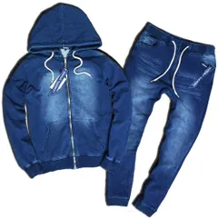 新品 [slow&easy] カットデニム セットアップ ジップパーカー ジョガーパンツ《カジュアルファッション スポーティーファッション》上下セット カットソー素材 スウェット 26128〔ネイビー② L〕