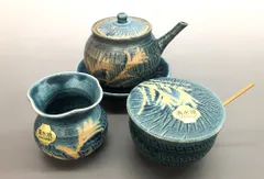 未使用保管品含む 京焼 清水焼 文仙窯 卓上 調味料入れ 調味料ケース 七味入れ 竹製 小匙付き 爪楊枝立て 爪楊枝入れ 爪楊枝ケース 醤油差し 醤油入れ 受け皿付 食器 和食器 3点セット 薄文 ススキ図 陶器製