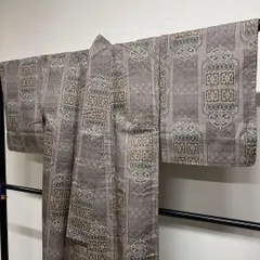 小紋　紬　格子　華紋　くすみカラー　着物　123tz