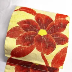 名古屋帯　花模様　紬地　イエローカラー　着物　123tz