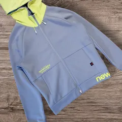 美品 new balance golf ドッキングパーカー  ジャージ素材 両面ロゴ ネオンカラー グレー バイカラー レディース