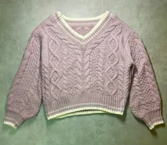 one after another NICE CLAUP ナイスクラップ チルデンニット セーター パープル 紫 ケーブル編み Vネック ショート丈 クロップド丈 フリーサイズ 秋 冬 春 古着 美品