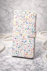 手帳型 スマホケース XPERIA Galaxy AQUOS arrows 格安スマホ 各機種対応 カメラ穴対応 万華鏡 白