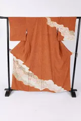 訪問着　茶　紫　珊瑚色　グリーン　墨　ゴールド　ブルー　花　手描き京友禅　B1410