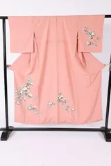 訪問着　コーラルピンク　緑　黄土　藍　茶　白　紫　花　縫い紋下がり藤　手描き京友禅　作家もの　B1400