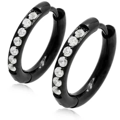 フープピアス【ブラック 幅1.6×内径8mm 金属アレルギー対応】人気  つけっぱなし ラインストーン キュービックジルコニア 20G 1ペア メンズ レディース リング ピアス サージカルステンレス 両耳