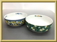 【未使用】保管品 有田焼 吾山窯 大鉢 大皿 深皿 深鉢 盛皿 盛鉢 丸皿 麺鉢 多用鉢 食器 和皿 和食器 2点セット 陶磁器 花鳥文/花文 黄色/緑