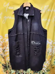 未使用/ブラック デニム ロング ベスト チョッキ 青デニム ベスト 2XL