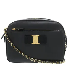 美品 サルヴァトーレフェラガモ ヴァラリボン FZ-21 レザー ブラック チェーンショルダーバッグ 黒 0899 Salvatore Ferragamo