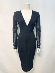 2273キャバクラ　ドレス　リブニット　伸縮性　タイト　Vネック　シースルー　ミディ　キャバドレス　S