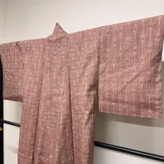 未着用　小紋　紬　チェック模様　格子　くすみピンク　着物　126tz