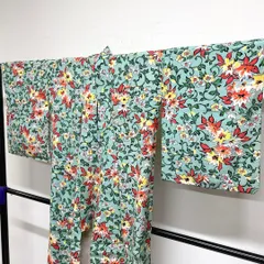 小紋　単衣　紬　花模様　唐草　カラフル　ライトグリーン　着物　012tz