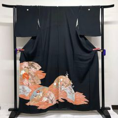 黒留袖 金駒刺繍 金彩 五つ紋 比翼付き 流水 鴛鴦 松竹梅 着物 012tz