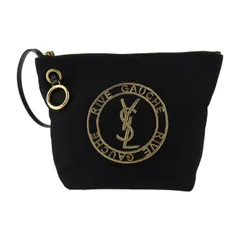 SAINT LAURENT PARIS サンローランパリ エンブロイダリー ポーチ セカンドバッグ 710435 ウール90%×カーフスキンレザー5%×ブラス 5% ブラック ゴールド  リヴゴーシュ YSL ロゴ クラッチバッグ リストレット 